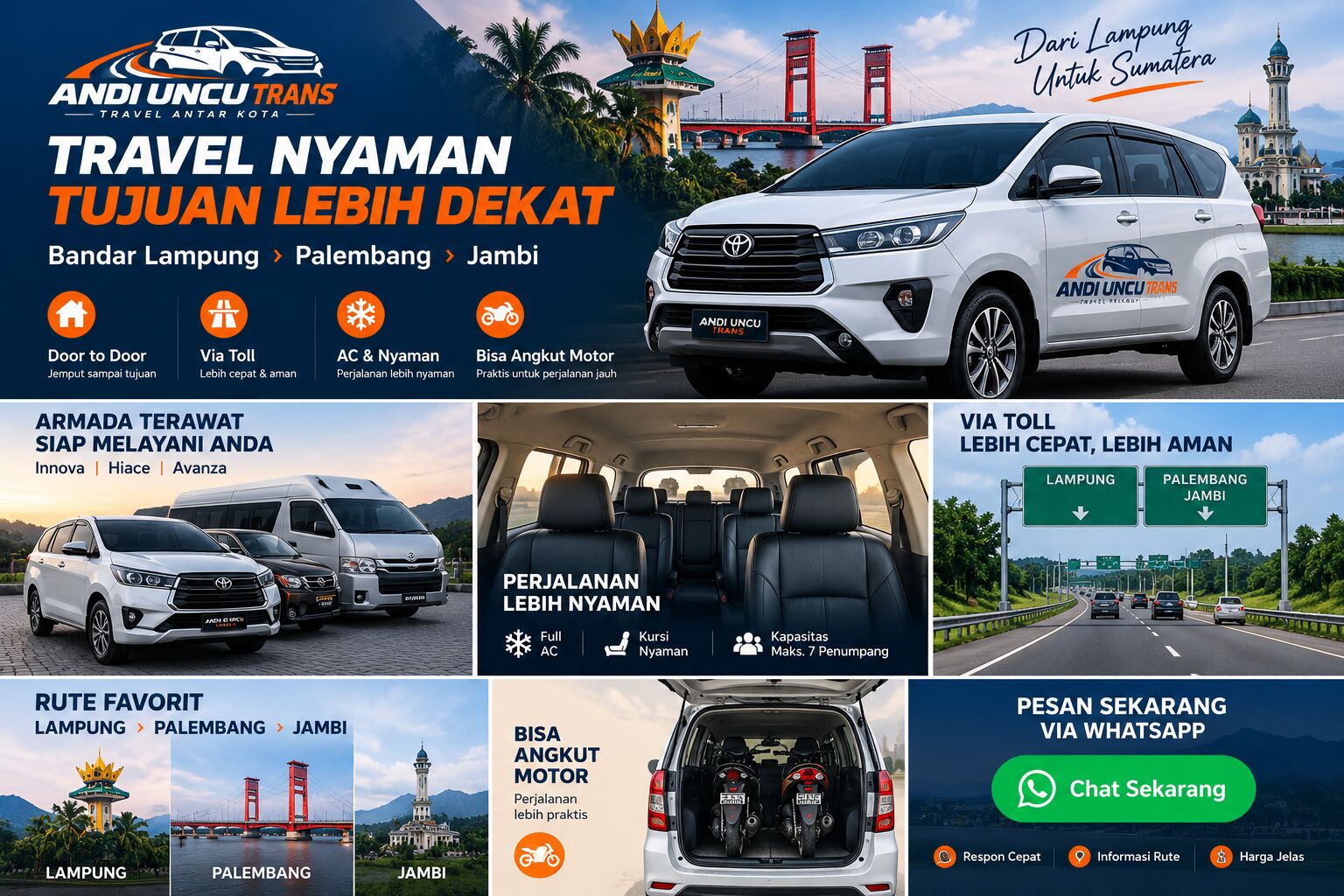 Poster promosi Andi Uncu Trans: travel Bandar Lampung, Palembang, Jambi, via tol, bisa angkut motor